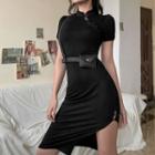 Short-sleeve Stand Collar Midi Bodycon Dress / Harness Belt