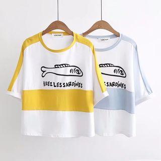 Fish Print Color Panel Elbow Sleeve T-shirt