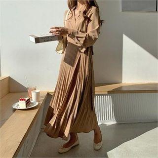 Notched-lapel Tie-waist Pleated-hem Dress Dark Beige - One Size