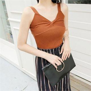 Sleeveless Knotted-front Rib-knit Top