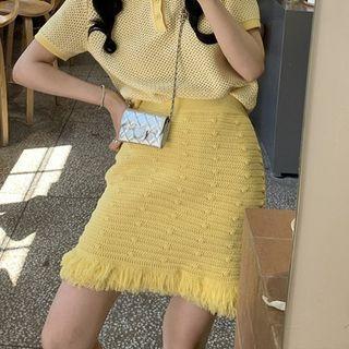 Short-sleeve Polo Shirt / Fray Hem Mini Pencil Skirt