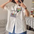 Elbow-sleeve Floral Embroidered Shirt White - One Size