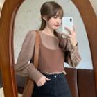 Long-sleeve Patterned Blouse / Spaghetti Strap Cropped Top