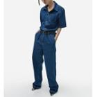 Elbow-sleeve Denim Shirt Jumpsuit