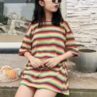 Short-sleeve Rainbow Striped Open-back T-shirt As Shown In Figure - One Size