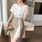 Set: Short-sleeve Buttoned Shirred T-shirt Dress + Pleated A-line Skirt