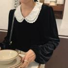 Long-sleeve Layered Collar Velvet Top Black - One Size