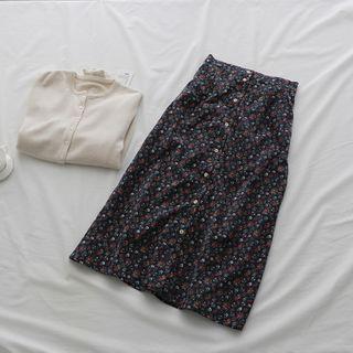 Floral Corduroy Split A-line Skirt Blue - One Size