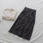Floral Corduroy Split A-line Skirt Blue - One Size