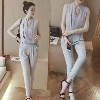 Set: Shirred Plain Chiffon Top + Slim-fit Pants