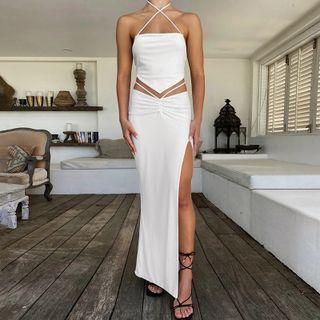 Set: Ribbon-back Cropped Halter Top + Slit Maxi Bodycon Skirt
