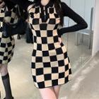 Long-sleeve Check Sheath Dress Black - One Size