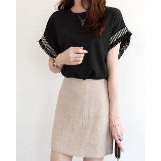 Fringed Cap-sleeve Contrast-trim Top