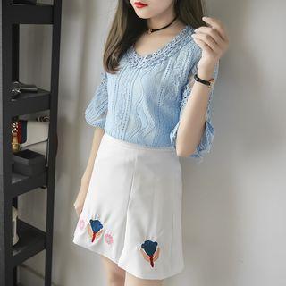 Set: Lace Elbow-sleeve Top + Embroidered A-line Skirt