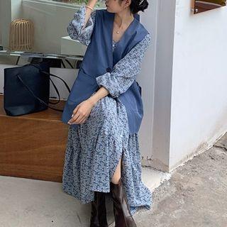 Plain Vest / Floral Long-sleeve Midi A-line Dress