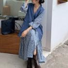Plain Vest / Floral Long-sleeve Midi A-line Dress
