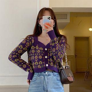 Long Sleeve V-neck Floral Cropped Cardigan