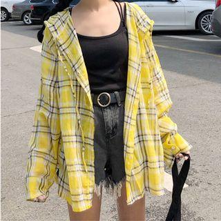 Long Sleeve Plaid Hooded Light Jacket