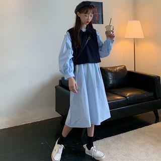 Long-sleeve Midi A-line Dress / Collared Vest