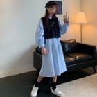 Long-sleeve Midi A-line Dress / Collared Vest