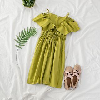 Cold-shoulder Drawstring Ruffle Dress Green Tea - One Size