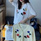 Flower Embroidered Elbow-sleeve Cardigan