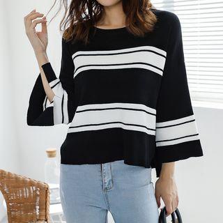 3/4-sleeved Striped Knit Top
