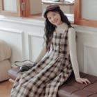 Turtleneck Ribbed Knit Top / Plaid Overall Dress / Set