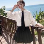 Plain Neck Tie Shirt / Pleated Skirt