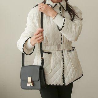 Contrast-trim Snap-button Padded Jacket With Belt