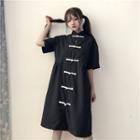 Elbow-sleeve Frog-button Mandarin Collar Dress