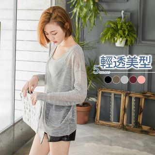 Pocketed Sheer-slub-knit Top