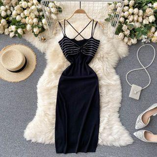 Spaghetti Strap Striped Midi Sheath Dress Black - One Size