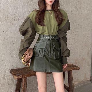 Puff-sleeve Two-tone Sweatshirt / Mini A-line Skirt