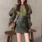 Puff-sleeve Two-tone Sweatshirt / Mini A-line Skirt