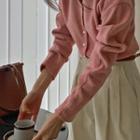 V-neck Puff-sleeve Cardigan Pink - One Size