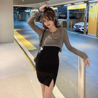 Cropped Sweater / Spaghetti Strap Mini Sheath Dress / Set