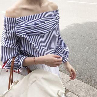 Off-shoulder Striped 3/4-sleeve Cropped Shirt