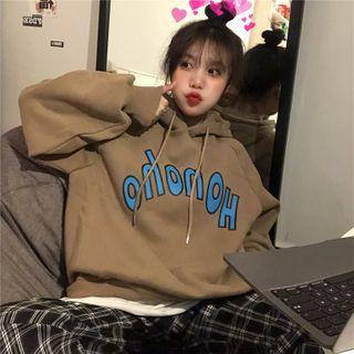 Lettering Print Drawstring Hoodie Camel - One Size