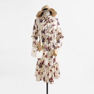 Tie-neck Long-sleeves Floral Chiffon Dress