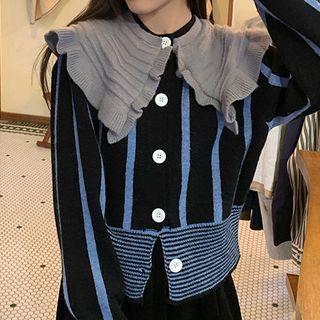 Collared Striped Cropped Cardigan Black Blue & Blue - One Size
