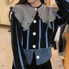 Collared Striped Cropped Cardigan Black Blue & Blue - One Size