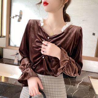 Lace-trim Ruched Velvet Top