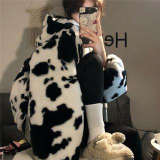 Cow Print Fluffy Zip Hoodie Dairy Cow - One Size