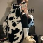Cow Print Fluffy Zip Hoodie Dairy Cow - One Size