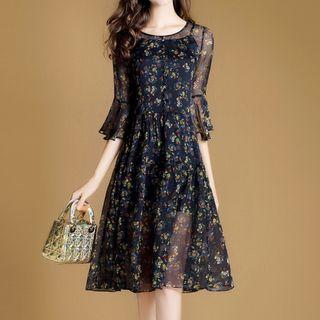 Set: 3/4-sleeve Floral Chiffon Dress + Slipdress