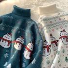 Turtleneck Snowman Print Sweater