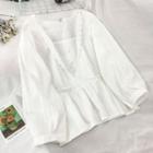Long-sleeve Lace Trim Chiffon Blouse White - One Size