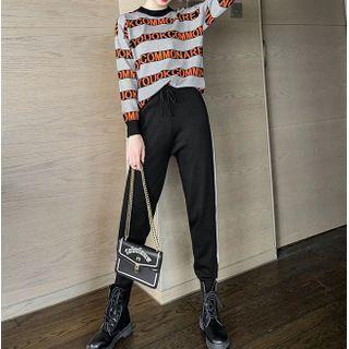 Set: Long-sleeve Striped Top / Contrast Trim Sweatpants Gray + Black - One Size