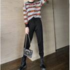 Set: Long-sleeve Striped Top / Contrast Trim Sweatpants Gray + Black - One Size